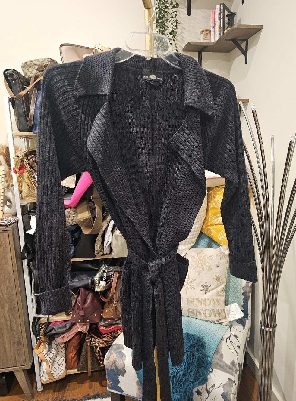Vintage Charcoal Ribbed Tie-Belt Cardigan